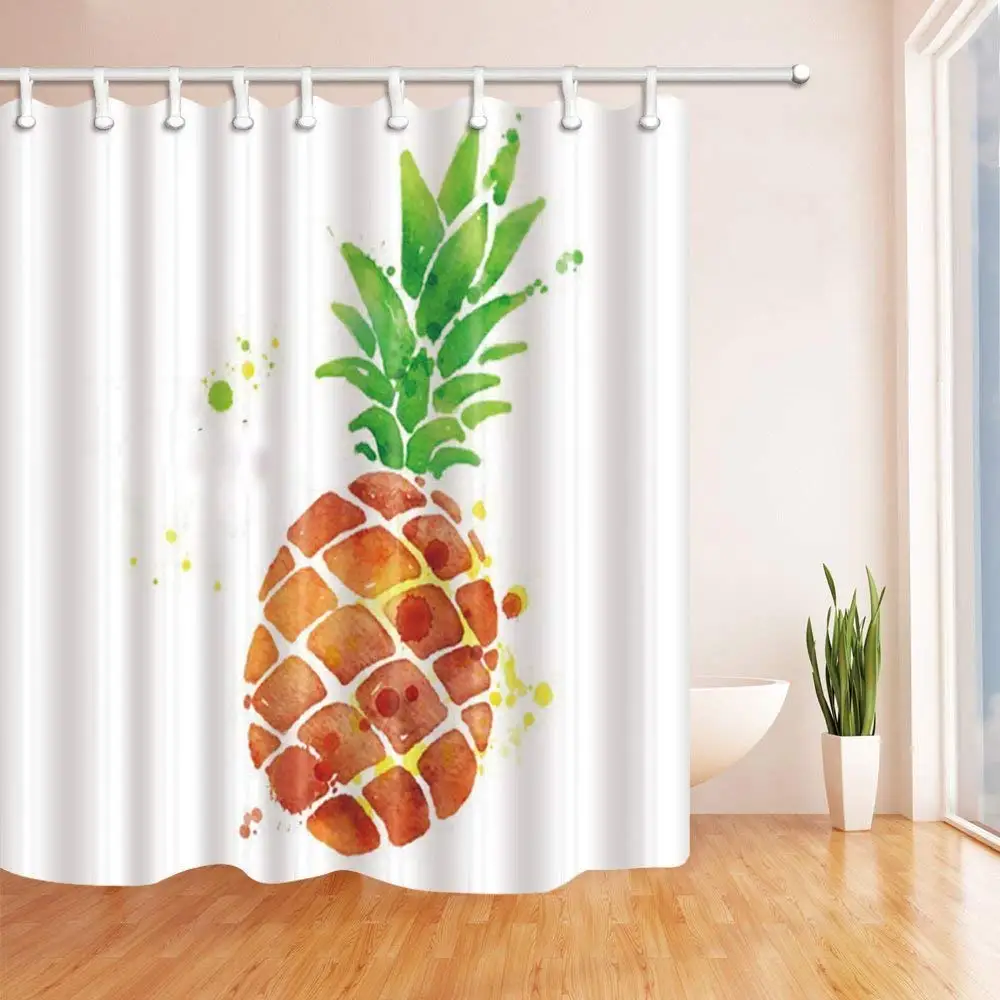 

Watercolor Pineapple with Green Leaves for Kids Shower Curtains Polyester Fabric Waterproof Bathroom Bath Curtain