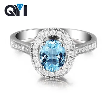

QYI Fashion Sky Blue Topaz Halo Engagement Ring 1 ct Oval Cut Gemstone Fine Jewelry Solid 925 Sterling Silver Rings for Women
