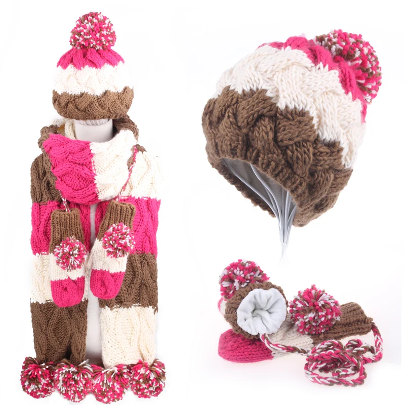 Рождественский подарок на день рождения для девочек, зимняя разноцветная вязаная шапка, шарф, перчатки, комплект из трех предметов, один предмет - Цвет: Небесно-голубой