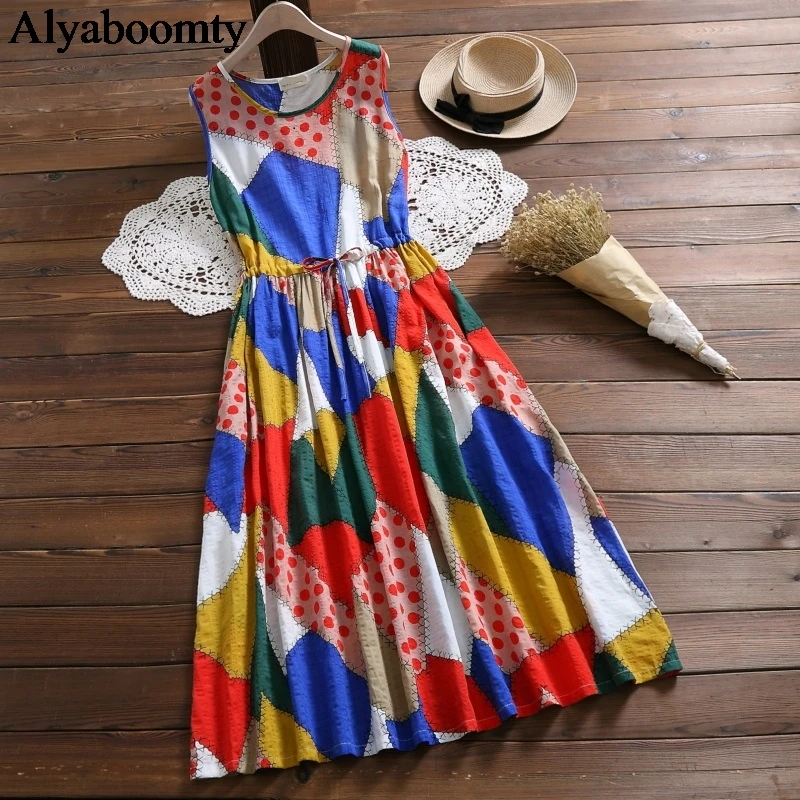 

Mori Girl Summer Women Maxi Long Sundress Contrast Color Lace Up Elegant Sleeveless Dress Casual Cotton Linen Ladies Midi Dress