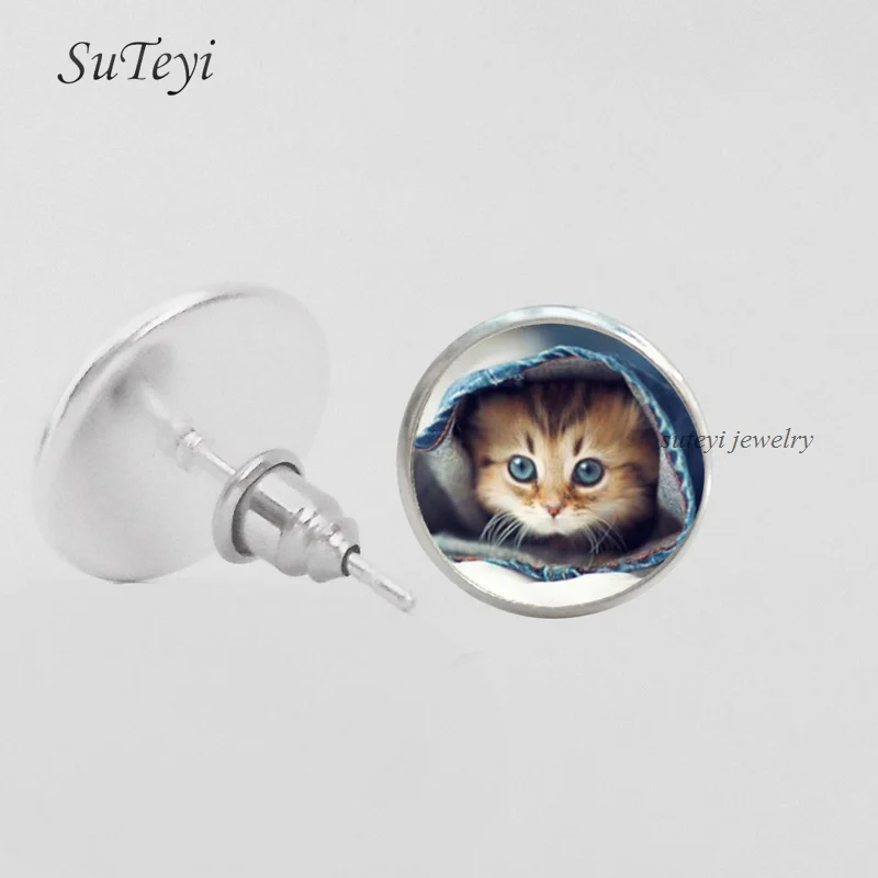 

SUTEYI New Cute Cheshire Cat Stud Earrings Jewelry Glass Cabochon Earring For Women Vintage Handmade Christmas Gifts