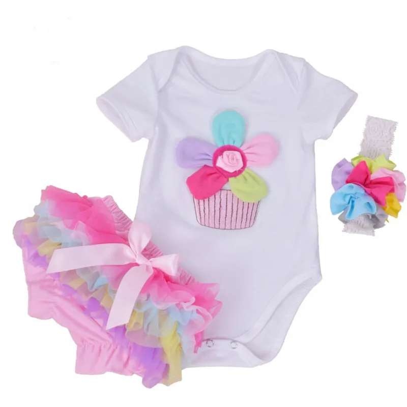 

2015 Baby Bodysuits Short Sleeve Summer Baby 0-12 Month Flower First Birthday Clothing Headband and Cake Pant Skirt 3pcs one Set