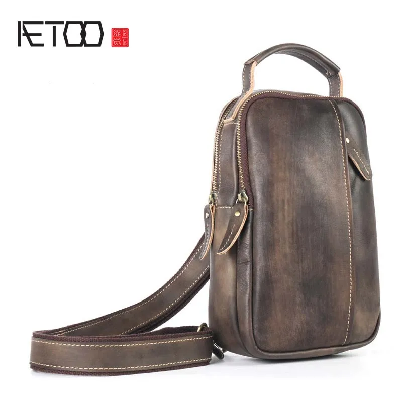 

AETOO Men Shoulder Bag Small Cell Phone Flap Genuine Leather Bag Strap Sling Men Messenger Bags Leather Chest Pack Men Chest Bag