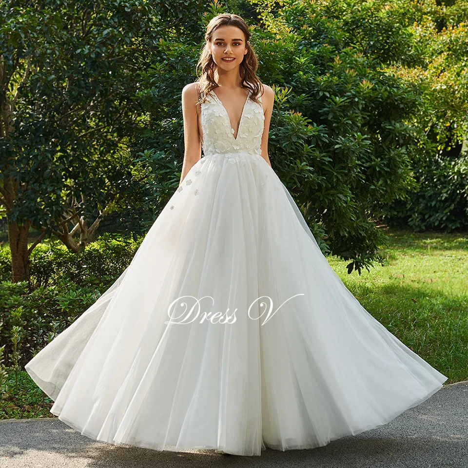 12926 42 De Réductiondressv Robe De Mariée Ivoire Col En V Sans Manches Mariée Dos Nu élégant Extérieur Et église Appliques Dentelle Robe De Bal