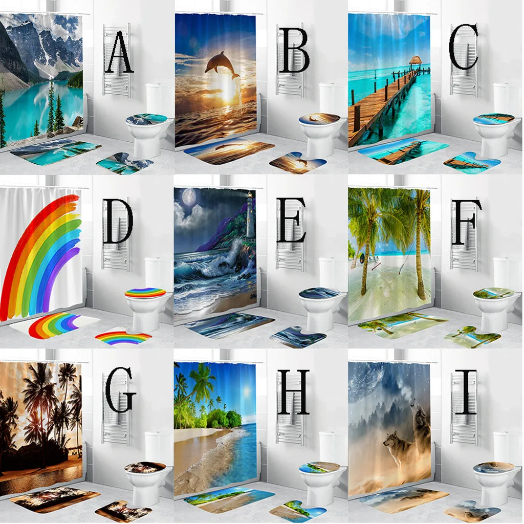 

Shower Curtain Bathroom Decor 4pcs Ocean Beach Non Slip Toilet Polyester Cover Mat Set Bathroom Shower Curtain General Purpose