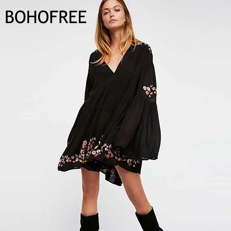 

BOHOFEE Te Amo Mini Dress Female Floral Embroidery Dress V Neck Bell Sleeve Boho Style Mini Dress Embroidered Mujer