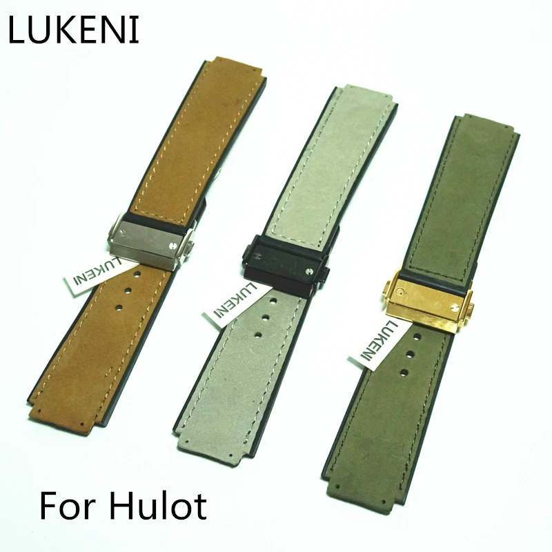 

LUKENI 25*19mm Leather Rubber Watch Strap Watchband For HUBLO Big Bang T Watch with Logo Deployment Double Push Buckle