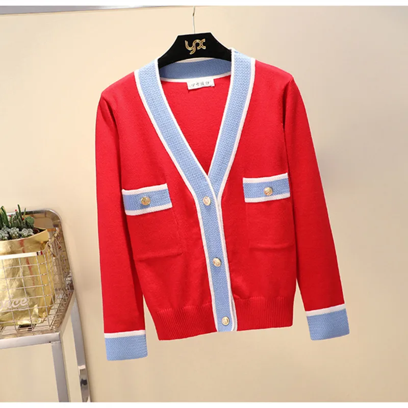 Роскошный дизайнерский брендовый вязаный свитер для женщин, v-образный вырез, контрастные цветные пуговицы, вязаный кардиган, свитер - Цвет: Красный