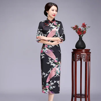 

New Arrival Women Print Flower Cheongsam Summer Satin Sexy Split Qipao Vestidos BLACK Slim Evening Dress Gowns Oversize 3XL 4XL