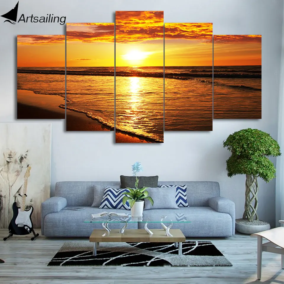 HD Printed 5 Piece Canvas Art Golden Sunset Painting Beach Landscape