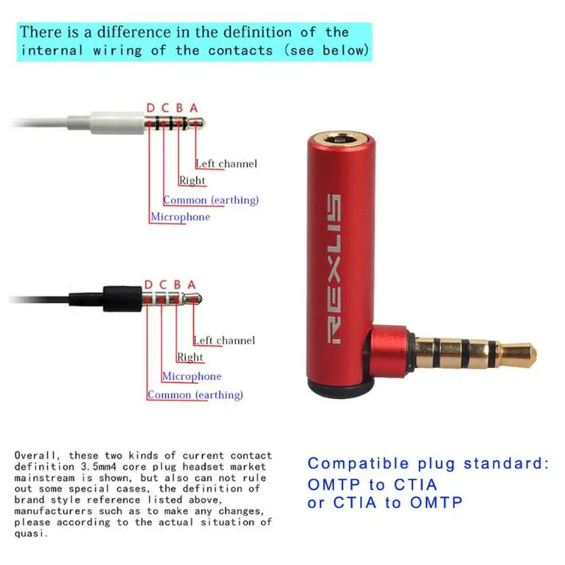 REXUS 90 градусов Универсальный 3,5 мм Aux мужского и женского пола OMTP для CTIA преобразователь для наушников стерео адаптер 1/5 шт для смарт телефона