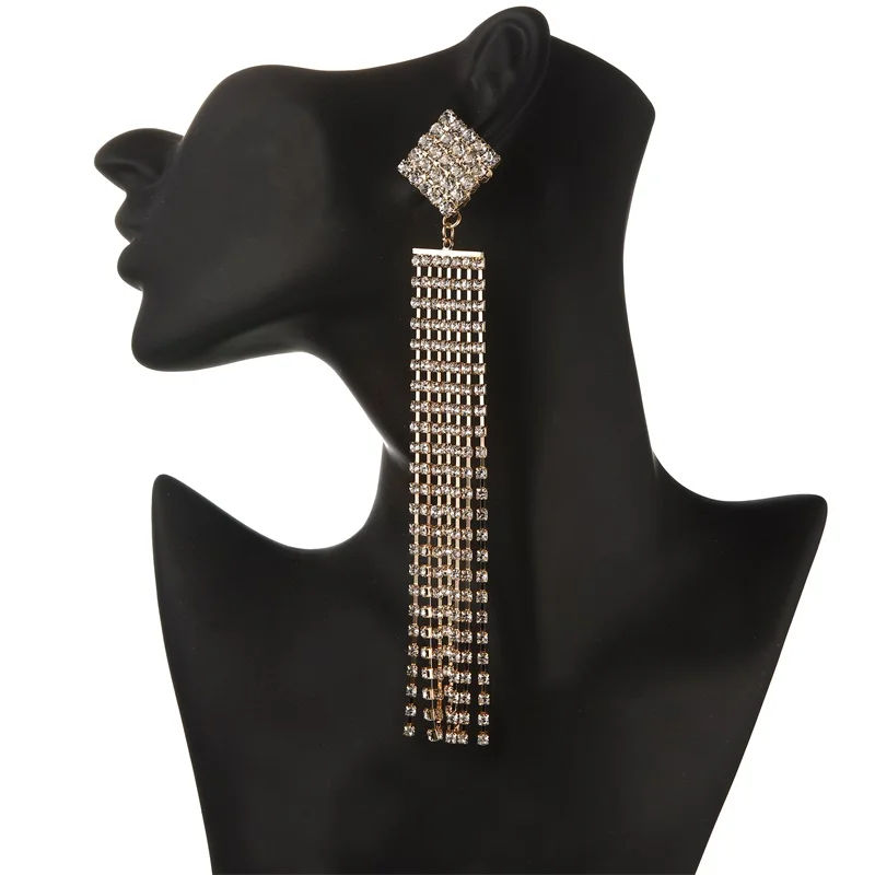 

Extra long earrings for women fashion rhinestone crystal chandelier earrings sparkly silver color fringe earrings Jewelry
