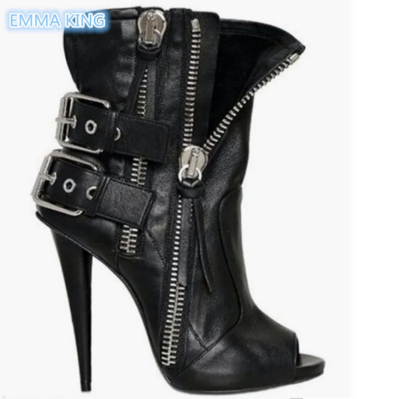 

Spring Autumn Peep Toe Sexy Ankle Boots Women Stiletto High Heels Martin Boots Side Zipper Ankle Buckle Fashion Short Booties
