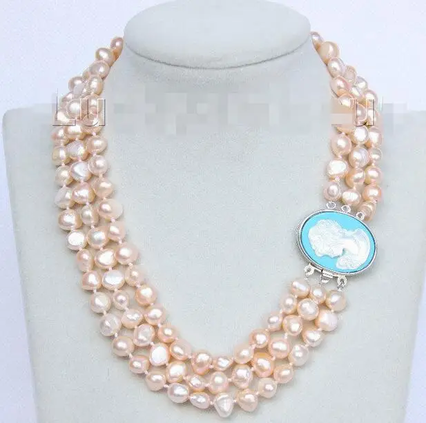 

Free Shipping>> new hot Baroque 16"-18" 3row 9mm pink pearls necklace seashell clasp j1007