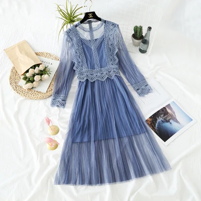 Новинка, летнее весеннее женское кружевное платье из двух частей, винтажное Сетчатое платье в стиле дворца, Длинные вечерние платья, женская одежда, Vestidos WZ498 - Цвет: long sleeve blue