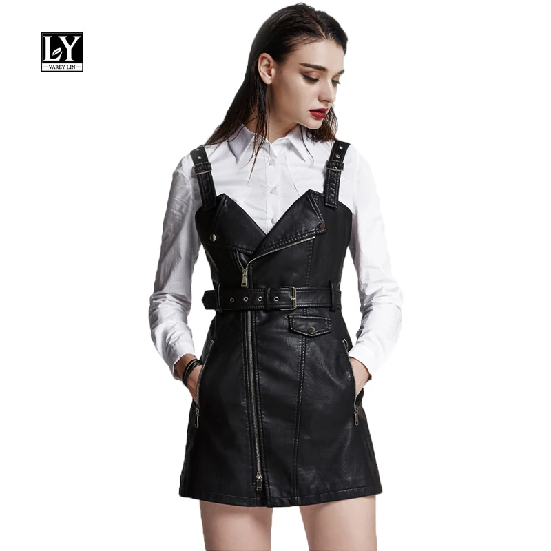 Ly Varey Lin женское весеннее мягкое платье из искусственной кожи с отложным