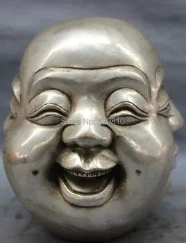 

8" Chinese Silver Folk Buddhism 4 Face Happy Laugh Maitreya Buddha Head Statue