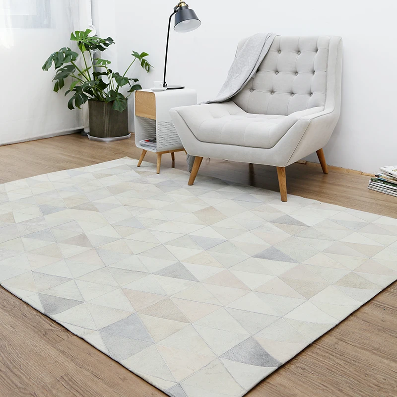 

Nordic Style Pure Cowhide Carpet Geometric Jigsaw Rug Living Room Bedroom Tea Table Carpet Pure Handmade Splice Carpets OJ 12
