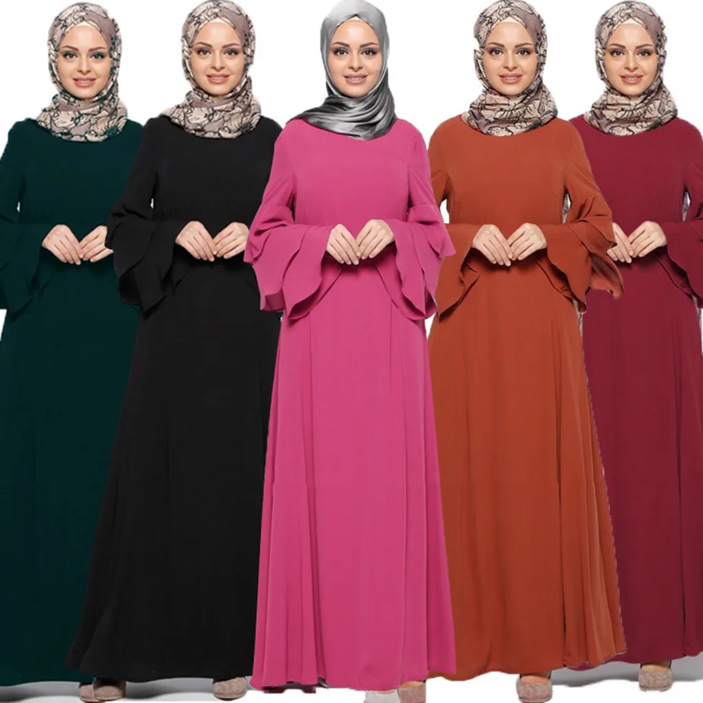 

Women Muslim Loose Solid Color Robe Clothing Abaya Islamic Arab Kaftan Dubai W420