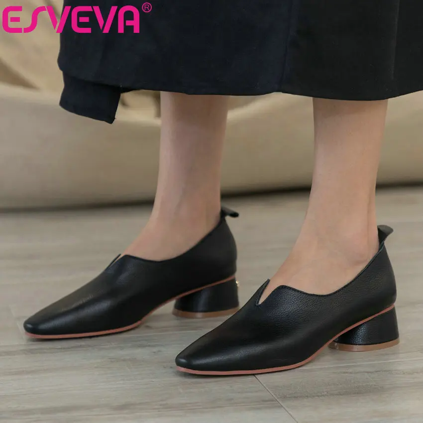 

ESVEVA 2019 Women Pumps Autumn Med Heels Sandals Sweet Style Solid Shallow Slip on Spring Round Toe Pumps Women Shoes Size 34-39