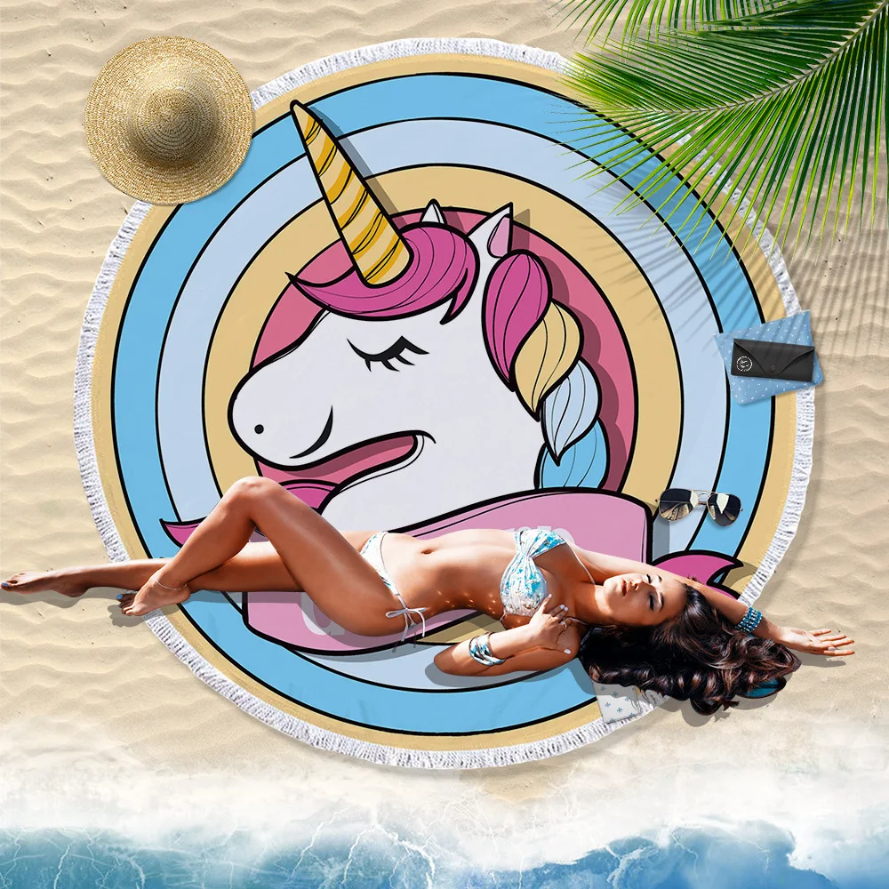 Nette Rosa Cartoon Einhorn Pony Gedruckt Große Mikrofaser Rund Badetuch Für Mädchen Frauen Mit Quasten Fringe Serviette De Plage Billig