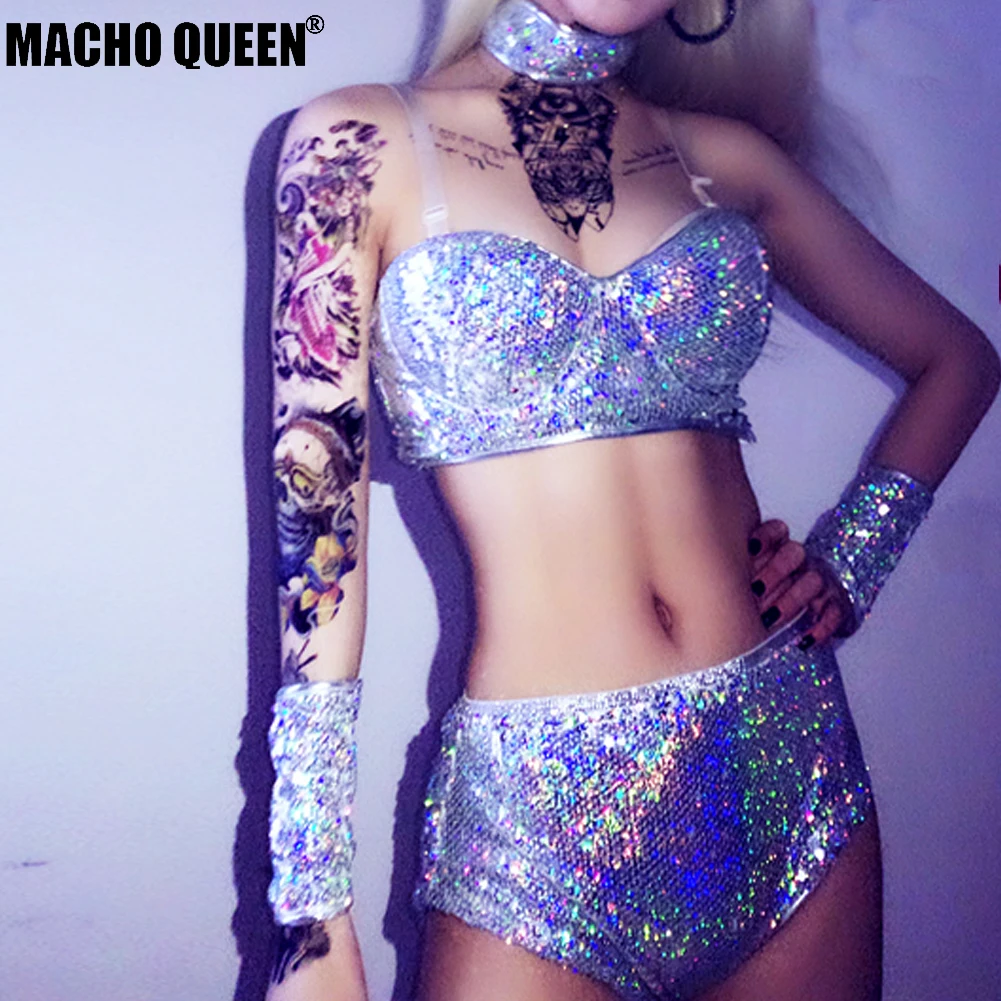 

Holographic Laser Sequin 4 Piece Sets Rave Fetival Clothes Outfits Crop Top Sets Performance Wear Women Singer Stage Costume