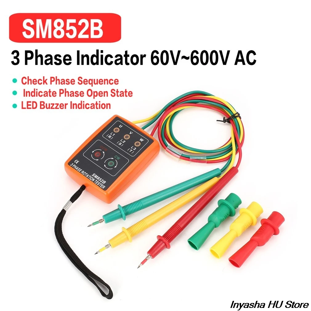 SM852B индикатор последовательности фазы тестер 3 фазы вращаемое измерительное устройство цифровой фазоуказатель детектор Светодиодный измерительный прибор 60В~ 600В переменного тока