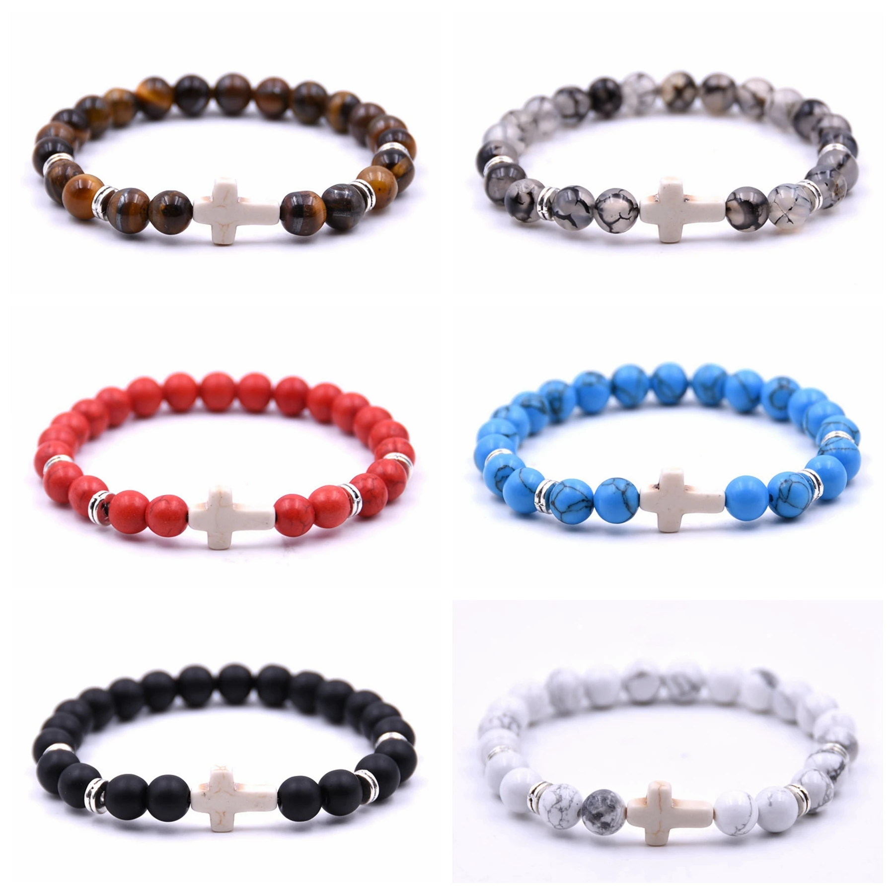 Wholesalels 6pcs Wholesale Unisex Natural Stone Cross Men Bracelet Hand Work Black Onyx Volcano