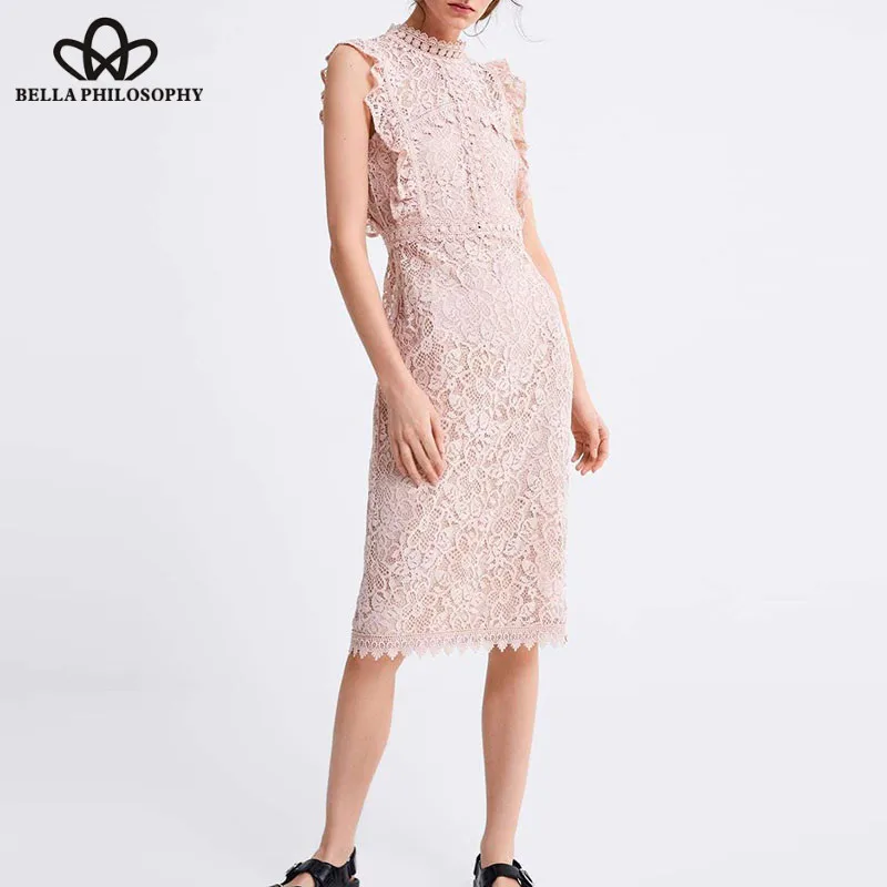 2019 NEW Ruffles Short Sleeve Lace Midi Dress Vintage Sheath Female Straight Dress Casual Retro Lady Party Dress Vestidos Wonder