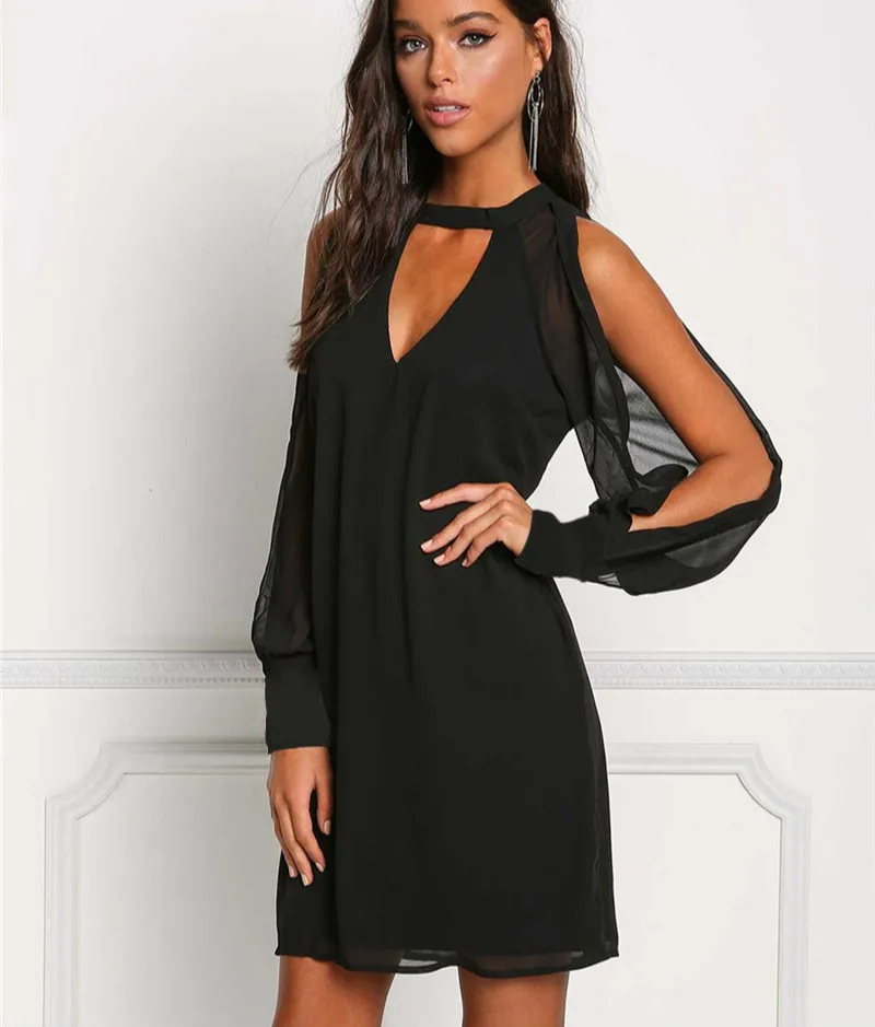

Fashion Women Casual V-Neck Hollow Out Sleeve Straight Dress Solid Cold Shoulder Mini Dress Women