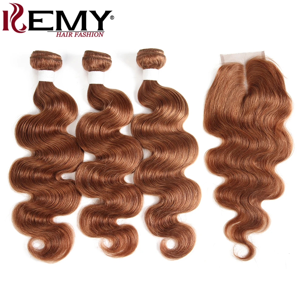 

3PCS Body Wave Human Hair Bundles With Closure 4*4 KEMY HAIR Pre-colored 100% Brazilian Remy Human Hair Weaves Brown Hair 30#