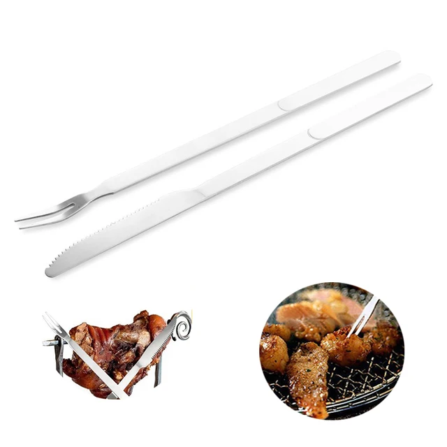 Stainless Steel Skewers Flat Meat BBQ Skewers Forks And Knives Outdoor