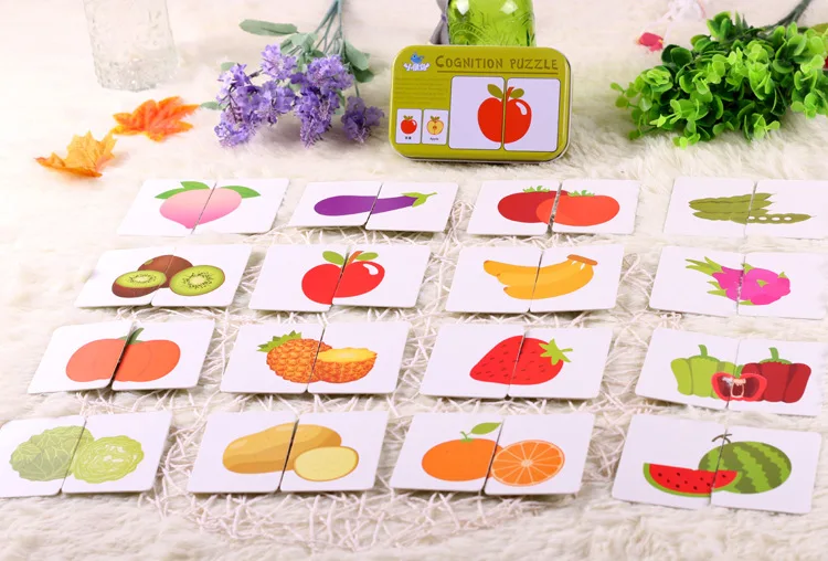 Baby Toys Infant Early Head Start Training Puzzle Cognitive Card Car Fruit Animal Life Set Pair Puzzle Baby Gift 8