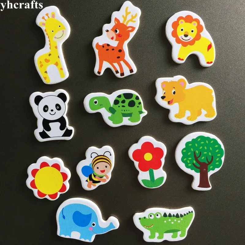 12PCS/LOT. Giraffe Sika deer crocodile Panda Turtle animals flowers soft magnet White blackboard magnet Kindergarten crafts