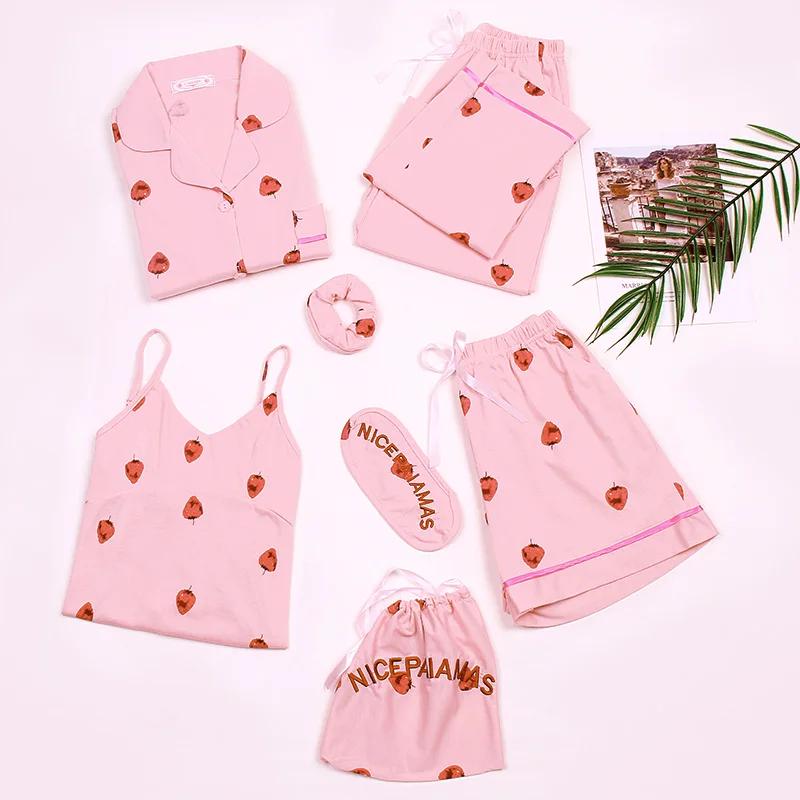 2019 для женщин пижамный комплект Сезон: весна-лето 7 шт. Coton розовая с длинными рукавами рубашка + майка шорты брюки для девочек с принтом