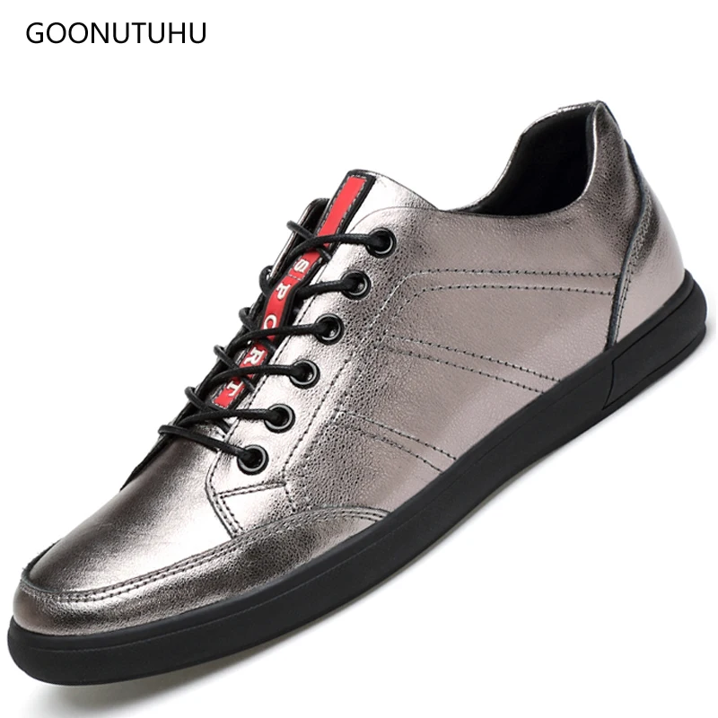 

2019 new fashion men's shoes casual genuine leather cow male lace-up flats shoe man black white or silver platform shoes for men