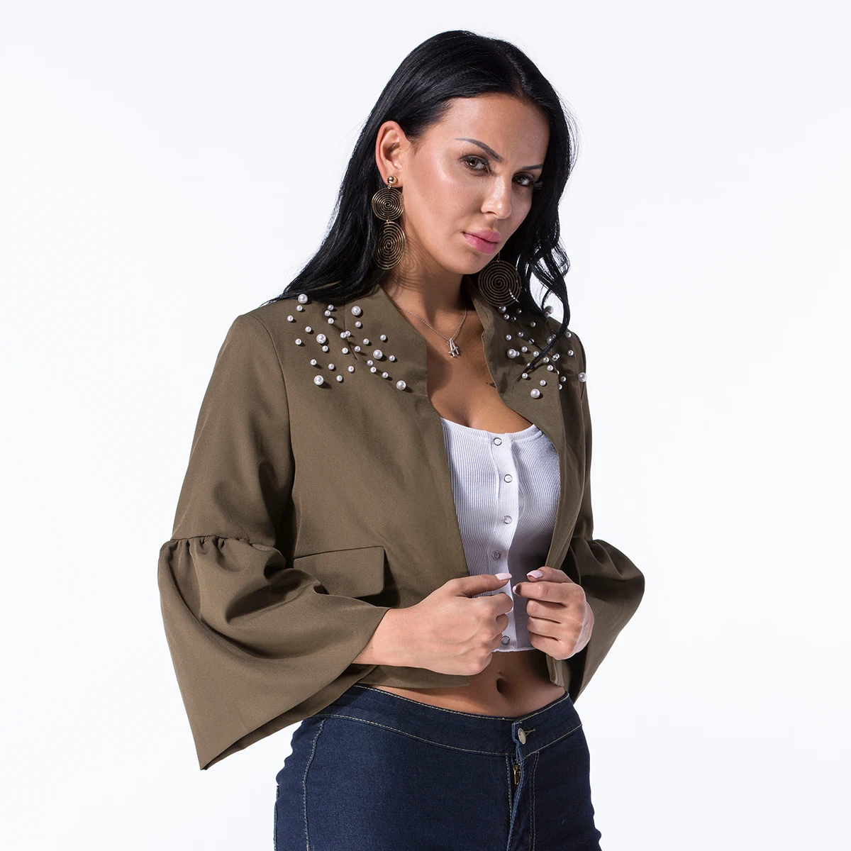 Buy Women Pearls Sweet Ruffles Jacket Open Stitch