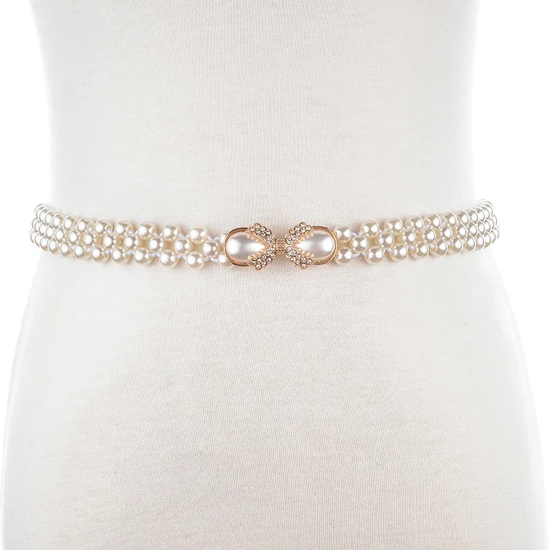 

Newly Design Women's Fashion Elegant Faux Pearl Elastic Belt Beads Rhinestone Charms Waist Belt Strap Dress Accessories