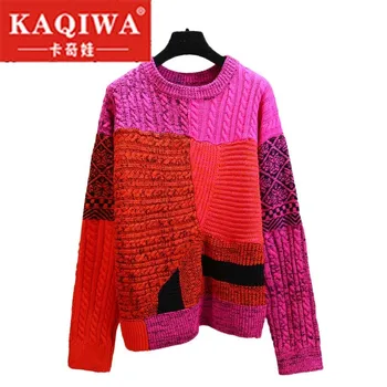 

Autumn and winter 2018 new loose pullovers women's color matching jacquard long sleeve simple base knitted sweater student
