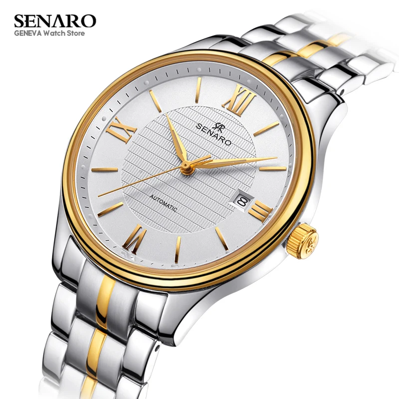 

SENARO Luxury 40mm Couple Watch Men Women Clock White Dial Silver Steel Mechanical Automatic Wristwatch Fashion Lover's Watches