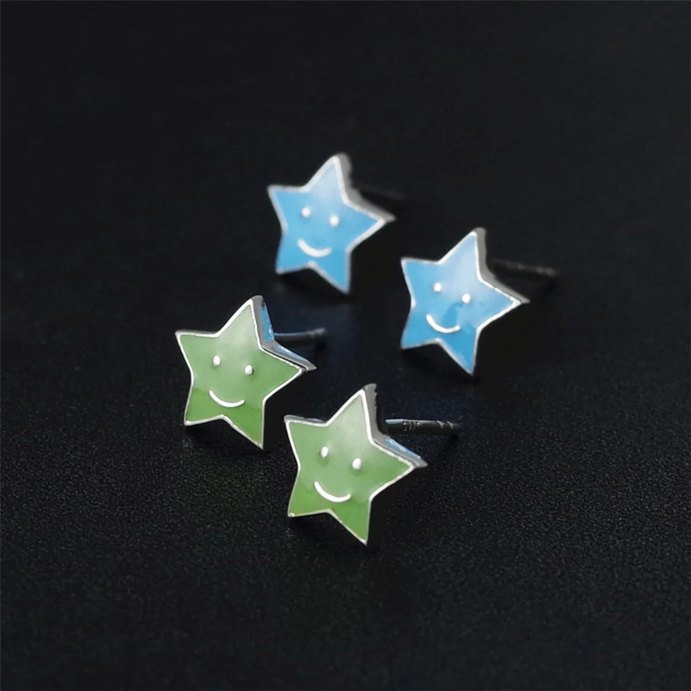 smile face star drop glaze earrings 100% 925 Sterling silver Jewelry fashion Hypoallergenic Stud earrings for women gift