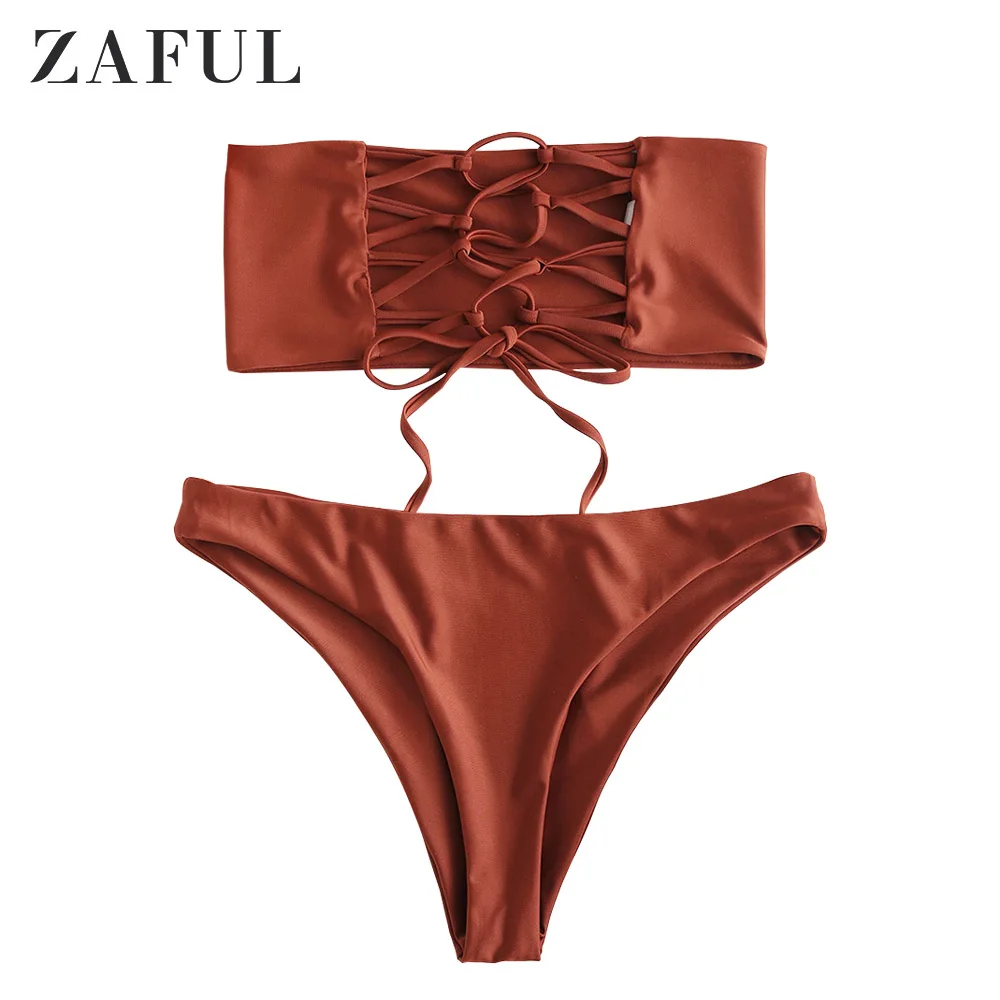 

ZAFUL Women Bikini Swimsuit Lace-Up Unlined Strapless Bikini Set Lady Sexy Swimwear Summer Beach Bathing Suit