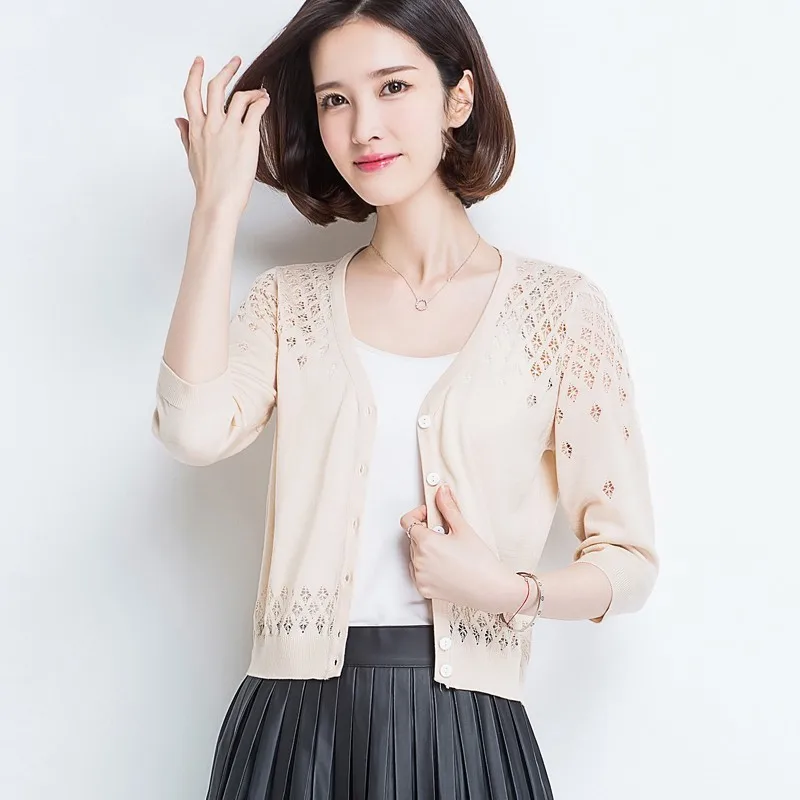 Women Thin Knitted Cardigan Coat 2019 Casual V-Neck 3/4 Sleeve Crochet Knit Cardigan Sweater Female Hollow Out Tops Women Thin Knitted Cardigan Coat 2019 Casual V-Neck 3/4 Sleeve Crochet Knit Cardigan Sweater Female Hollow Out Tops
