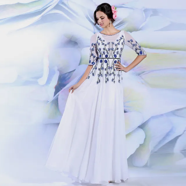 2017 New White Blue Embroidery Flowers Slim Temperament Half 2017 New White Blue Embroidery Flowers Slim Temperament Half Sleeve O Neck Chiffon Long Prom
