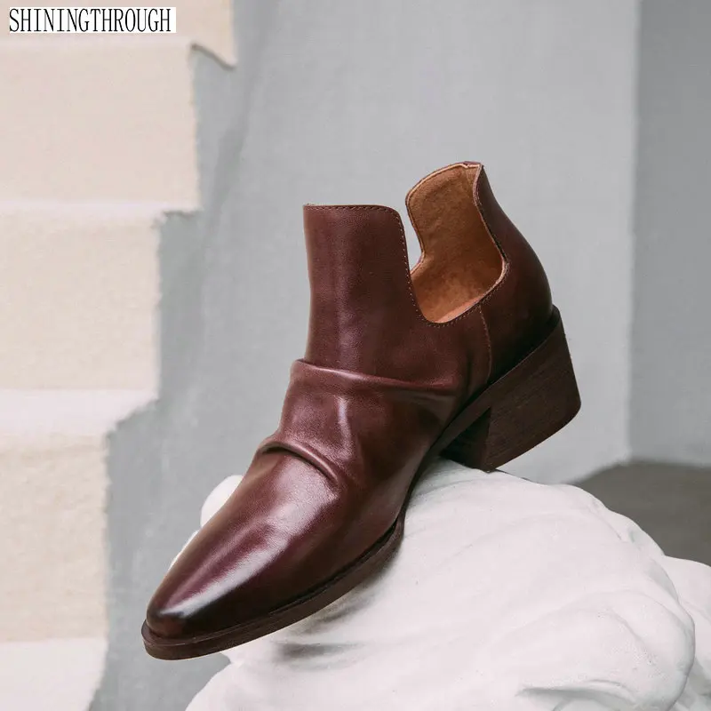 

Women Boots Autumn Winter Ankle Boots Handmade Genuine Leather Mid Heel Chelsea Black Ladies poined Toe Ankle boots