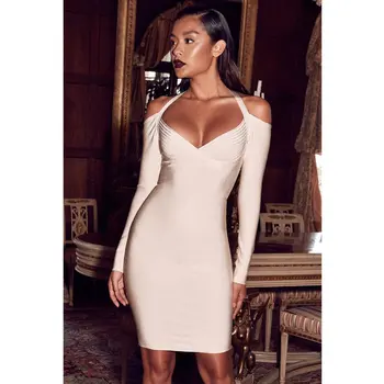 

Off the Shoulder Bandage Dress Long Sleeve Halter Sexy Mini Black White Color Fashion Elegant Party Dresses