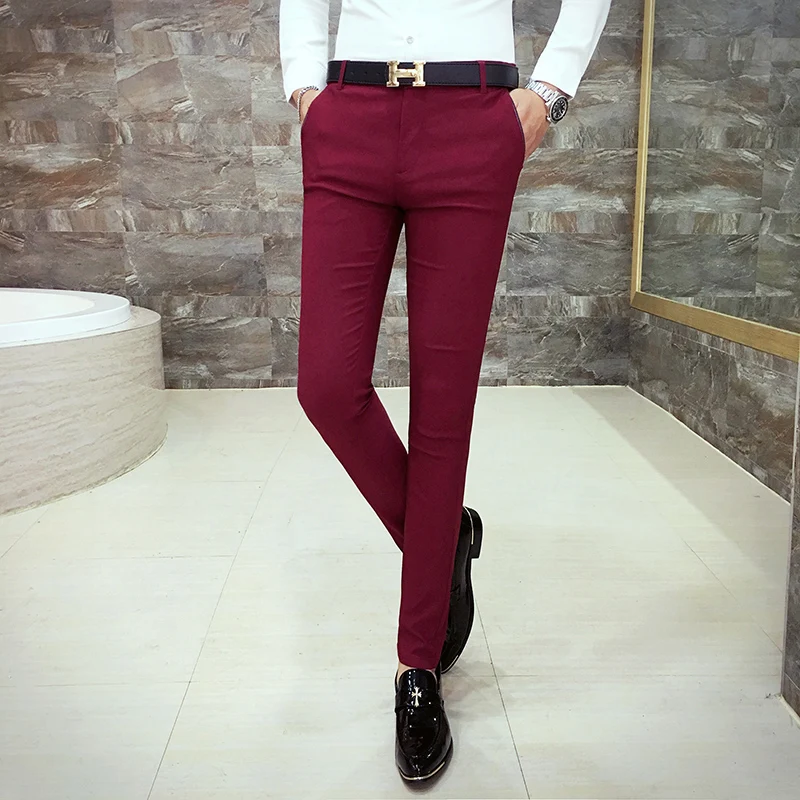 Мужские повседневные брюки, модные высококачественные брендовые одноцветные брюки для свадебного костюма, деловые мужские брюки, бордовые штаны