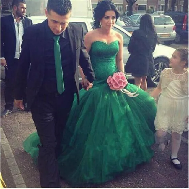 verde esmeralda mermraid novia sin tirantes de tul vestido de fiesta