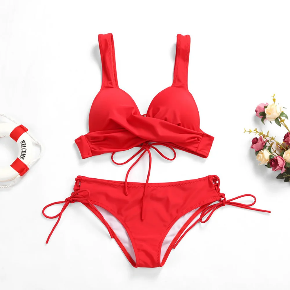 

2019 Sexy Bikini Set Push Up Bathing Suit Women String Swimsuit Solid Crossover Swimwear Female Biquine Beachwear