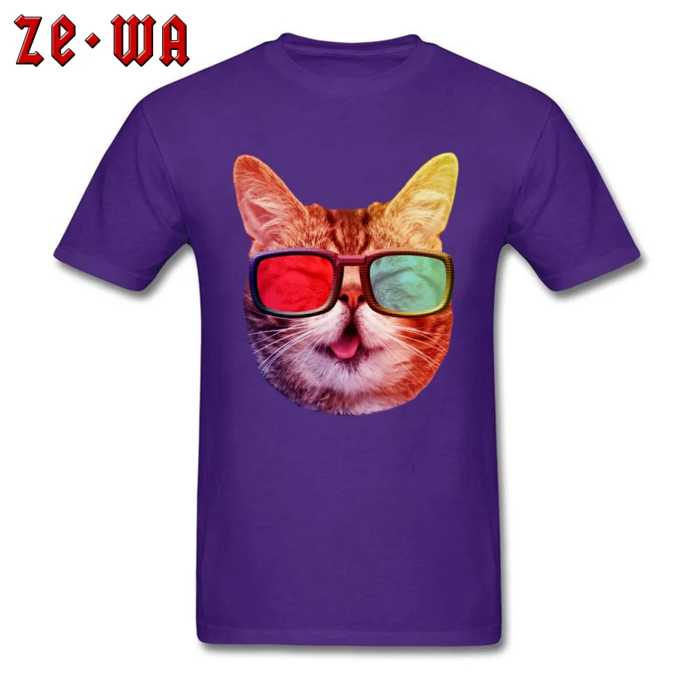 Cat 3D Glasses T-shirts comfortable Short Sleeve 2018 Crewneck Pure Cotton T Shirt Hip hop T-shirts for Men Labor Day Cat 3D Glasses purple